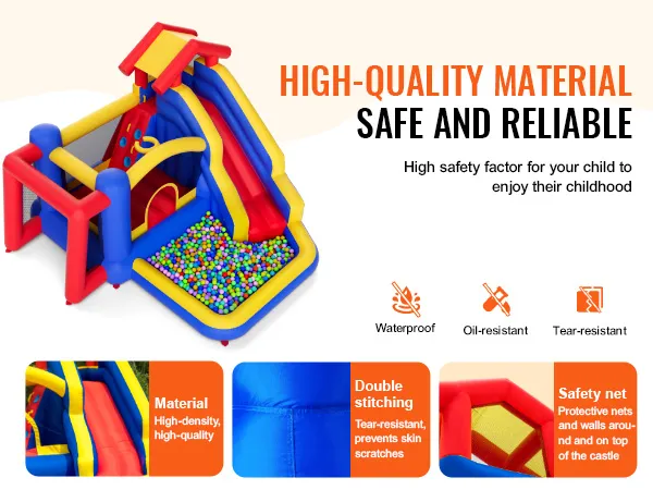 VEVOR springkussen met glijbaan, ballenbak, veiligheidsnet en hoogwaardig, scheurvast materiaal.