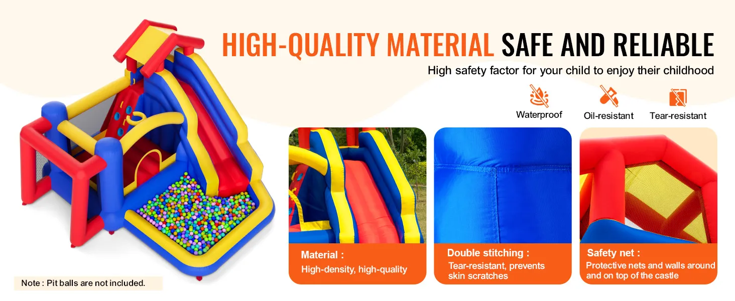 VEVOR springkussen met glijbaan, ballenbak, veiligheidsnet en hoogwaardig, scheurvast materiaal.