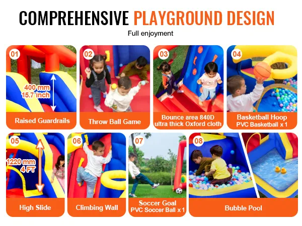 VEVOR springkussen met verhoogde leuningen, balwerpspel, hoge glijbaan, klimwand en bubbelbad.