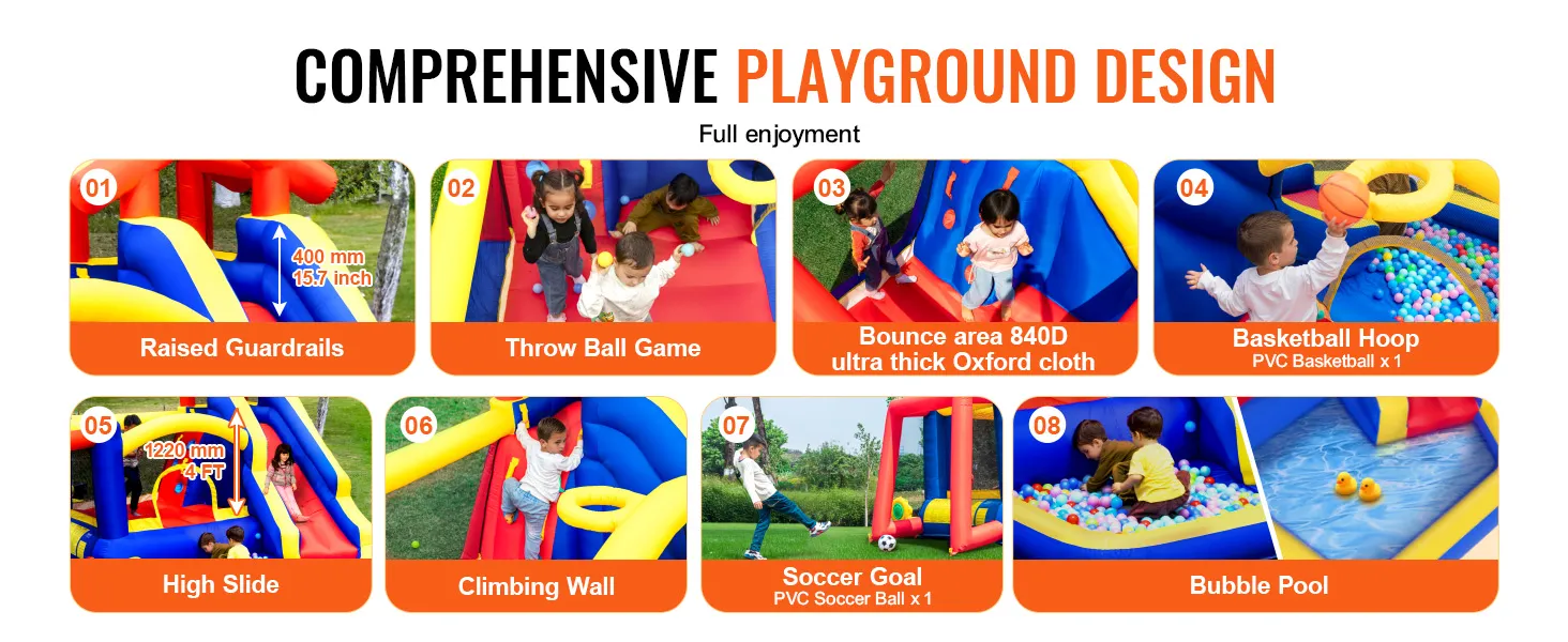 VEVOR springkussen met verhoogde leuningen, balwerpspel, hoge glijbaan, klimwand en bubbelbad.