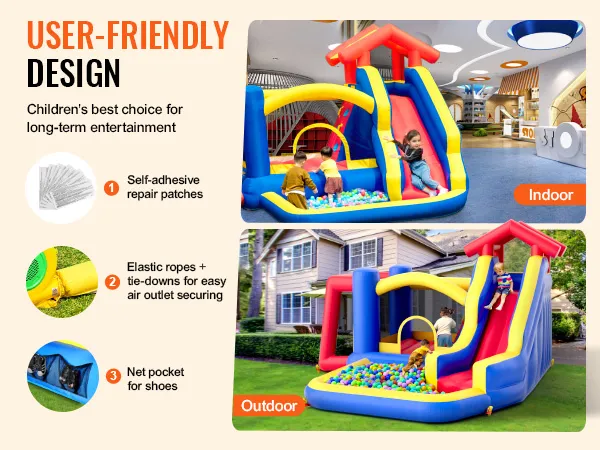Gebruiksvriendelijk VEVOR springkussen met glijbaan en ballenbak voor kindervermaak binnen en buiten.