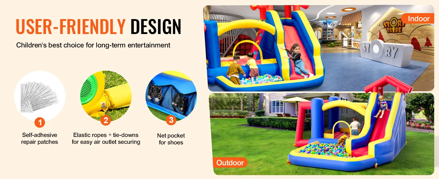Gebruiksvriendelijk VEVOR springkussen met glijbaan en ballenbak voor kindervermaak binnen en buiten.