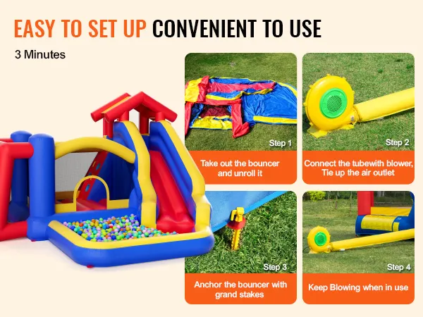 VEVOR springkussen installatiegids met vier stappen voor een eenvoudige en handige installatie in 3 minuten