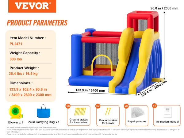 VEVOR opblaasbaar springkussen met glijbaan, capaciteit van 136 kg, blower, draagtas, haringen en patches.