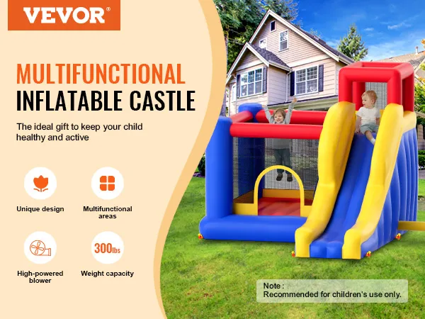 VEVOR opblaasbaar springkussen voor in de tuin met glijbaan, veiligheidsnet en kleurrijk design.