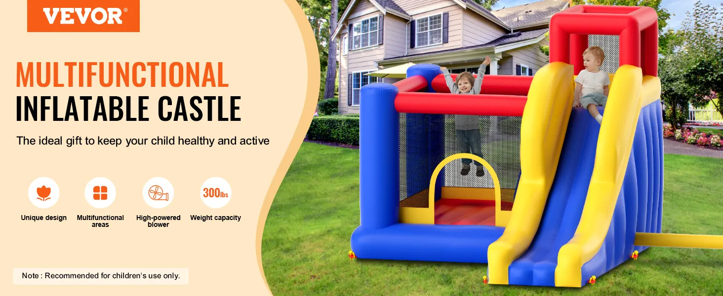 VEVOR opblaasbaar springkussen voor in de tuin met glijbaan, veiligheidsnet en kleurrijk design.