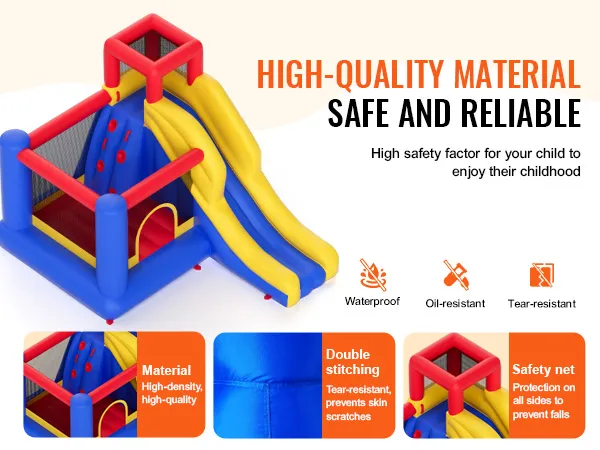 VEVOR opblaasbaar springkussen met glijbaan in geel, rood en blauw, gemaakt van materiaal met hoge dichtheid, dubbele stiksels en een veiligheidsnet. Waterdicht, olie- en scheurbestendig.