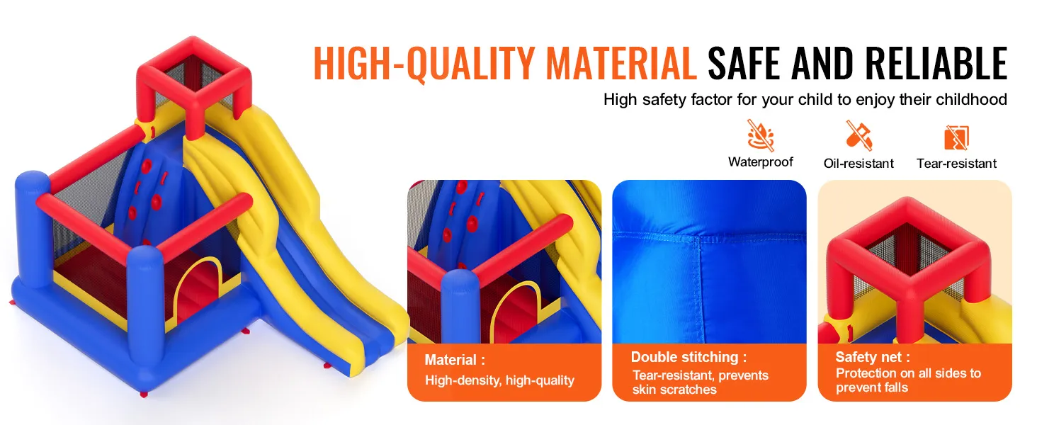 VEVOR opblaasbaar springkussen met glijbaan in geel, rood en blauw, gemaakt van materiaal met hoge dichtheid, dubbele stiksels en een veiligheidsnet. Waterdicht, olie- en scheurbestendig.
