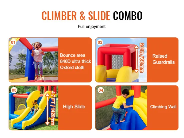 VEVOR opblaasbaar springkussen met klimwand, hoge glijbaan, verhoogde leuningen en duurzaam springoppervlak.