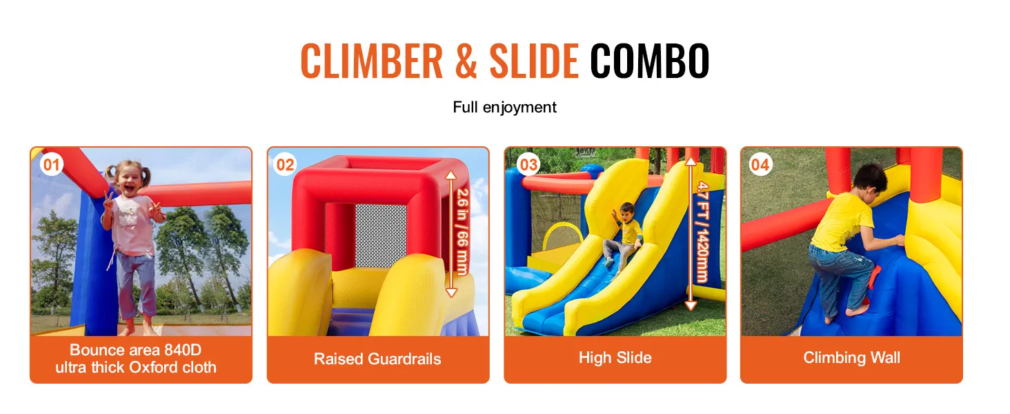 VEVOR opblaasbaar springkussen met klimwand, hoge glijbaan, verhoogde leuningen en duurzaam springoppervlak.