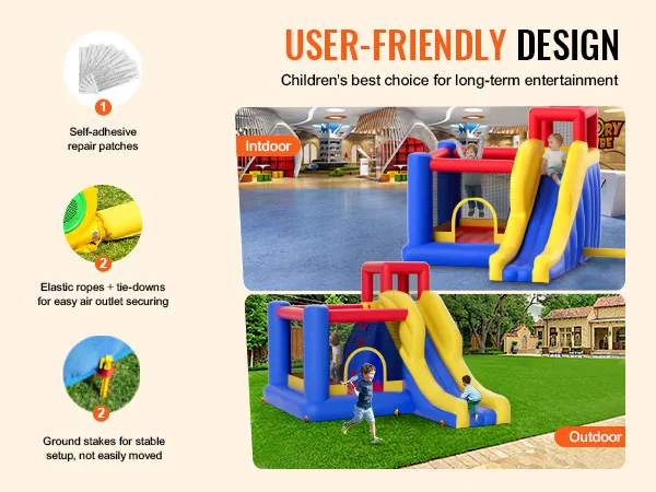 VEVOR opblaasbaar springkussen voor binnen en buiten, met glijbanen en klimgedeeltes.