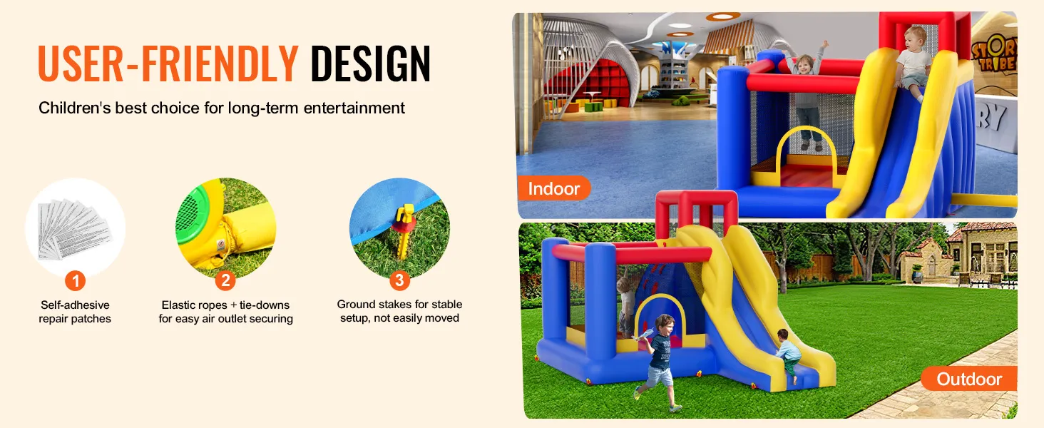 VEVOR opblaasbaar springkussen voor binnen en buiten, met glijbanen en klimgedeeltes.
