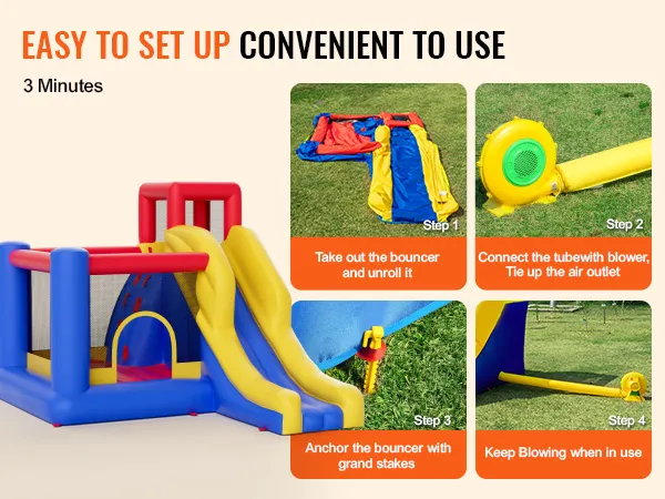VEVOR opblaasbaar springkussen met glijbaan, eenvoudig op te zetten in 3 minuten, inclusief blower en haringen.