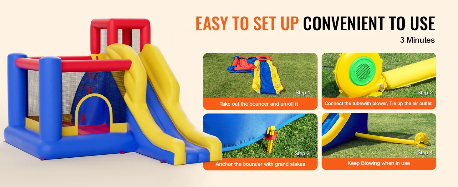 VEVOR opblaasbaar springkussen met glijbaan, eenvoudig op te zetten in 3 minuten, inclusief blower en haringen.