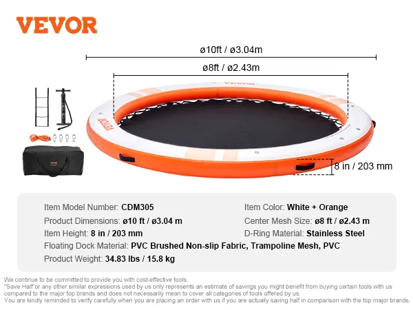 VEVOR Inflatable Floating Dock ø10FT Water Dock Platform with ø8FT Mesh Pool
