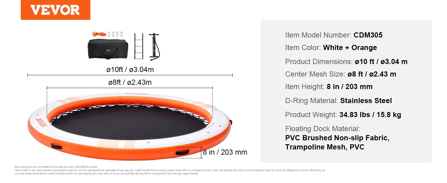 VEVOR inflatable floating dock, 10ft diameter, white and orange, with pump, ladder, and bag included.