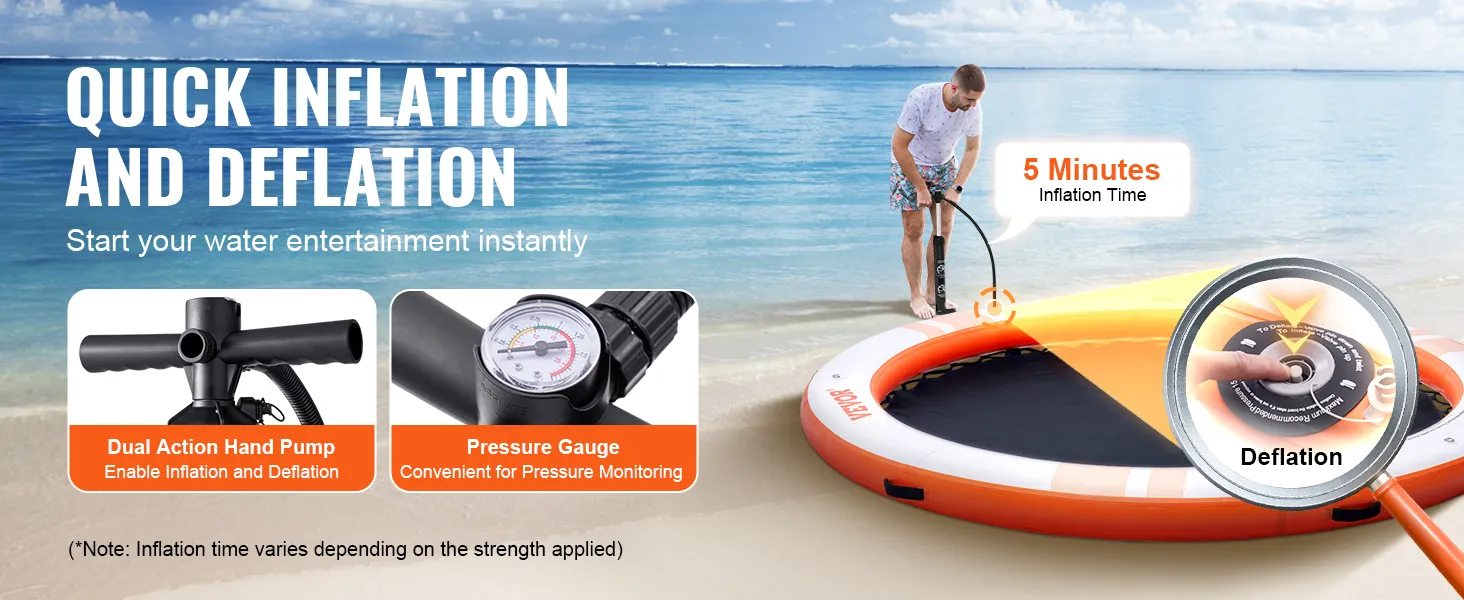 VEVOR inflatable floating dock being inflated with dual-action hand pump and pressure gauge on beach.