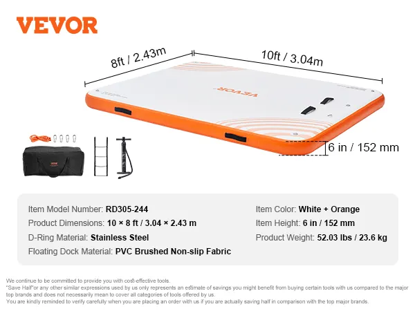 VEVOR inflatable floating dock in white and orange with dimensions 10x8 ft, includes pump, d-rings, and ladder.