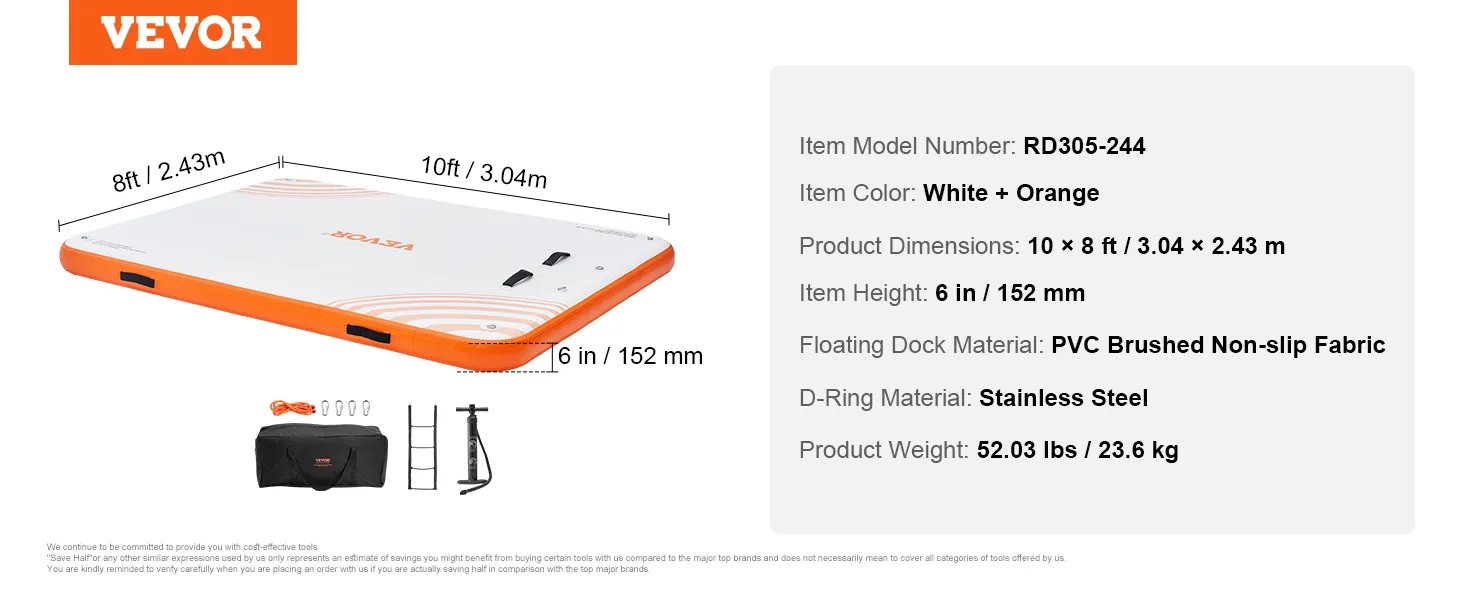 VEVOR inflatable floating dock in white and orange with dimensions 10x8 ft, includes pump, d-rings, and ladder.