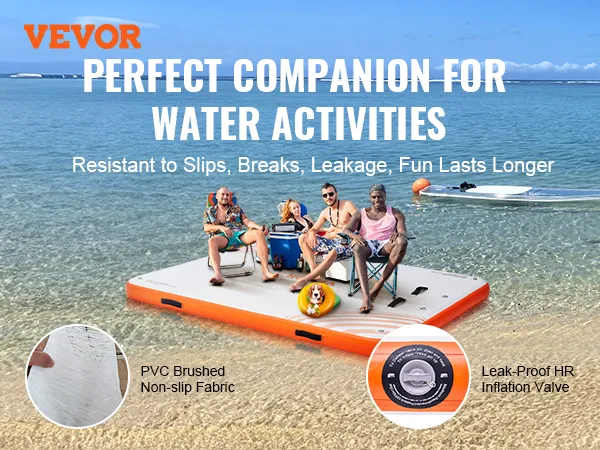 VEVOR inflatable floating dock on a beach with people and paddleboards in the background.