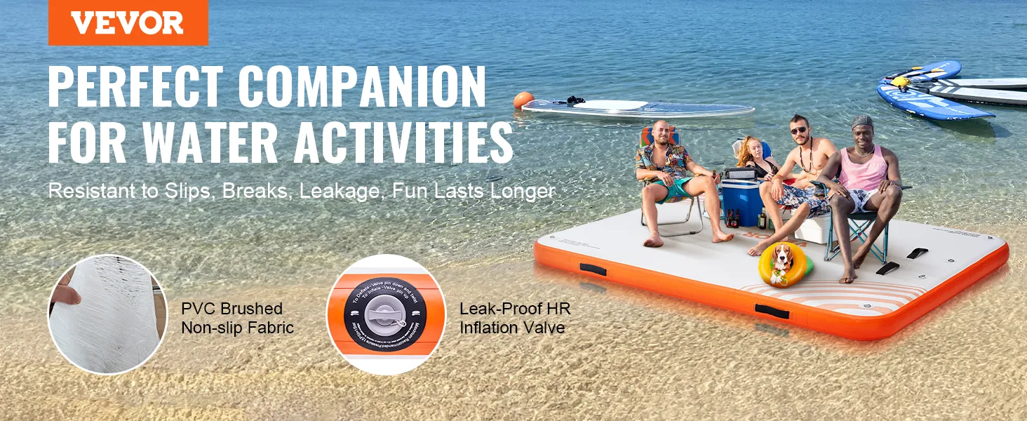 VEVOR inflatable floating dock on a beach with people and paddleboards in the background.