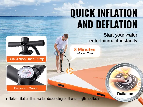 VEVOR inflatable floating dock with dual action hand pump and pressure gauge for quick inflation.