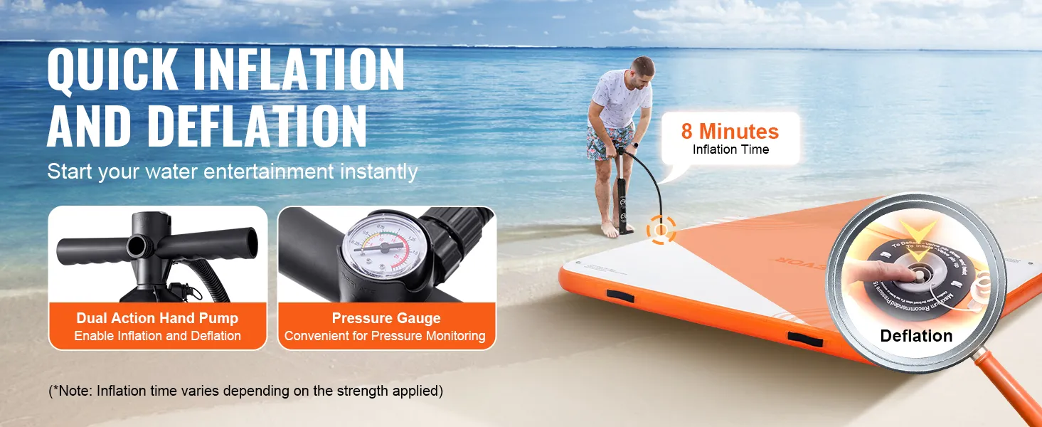 VEVOR inflatable floating dock with dual action hand pump and pressure gauge for quick inflation.