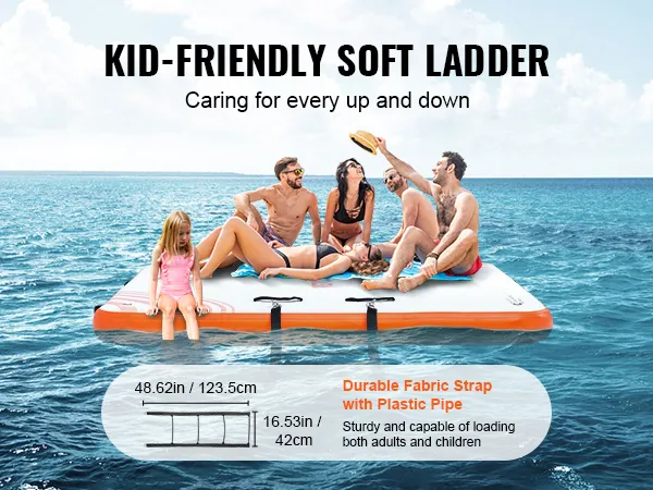VEVOR inflatable floating dock with kid-friendly soft ladder and durable fabric straps for safety on water.