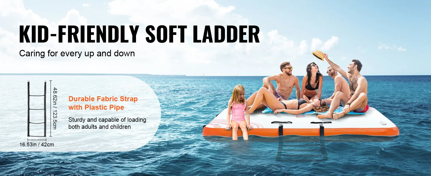 VEVOR inflatable floating dock with kid-friendly soft ladder and durable fabric straps for safety on water.