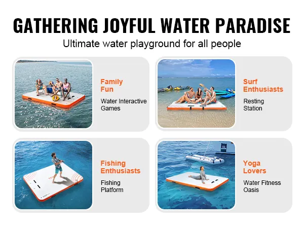 VEVOR inflatable floating dock for family fun, surf enthusiasts, fishing enthusiasts, and yoga lovers.