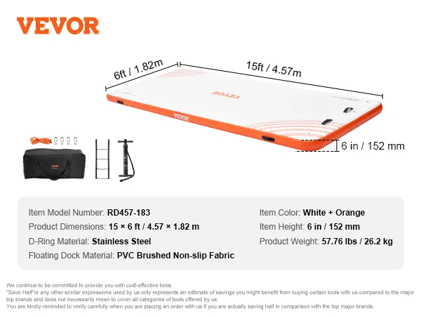 VEVOR inflatable floating dock, white and orange, 15x6 ft, with accessories: carry bag, rope, pump, and ladder.