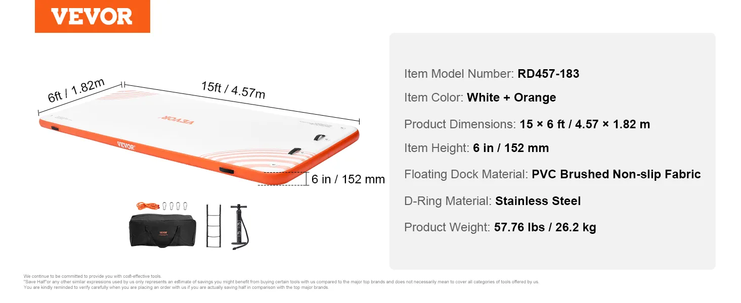 VEVOR inflatable floating dock, white and orange, 15x6 ft, with accessories: carry bag, rope, pump, and ladder.