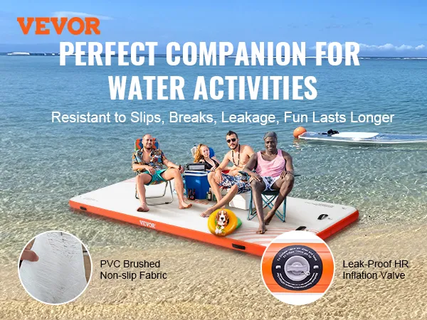 VEVOR inflatable floating dock, perfect for water activities, showing group relaxing with gear and dog.
