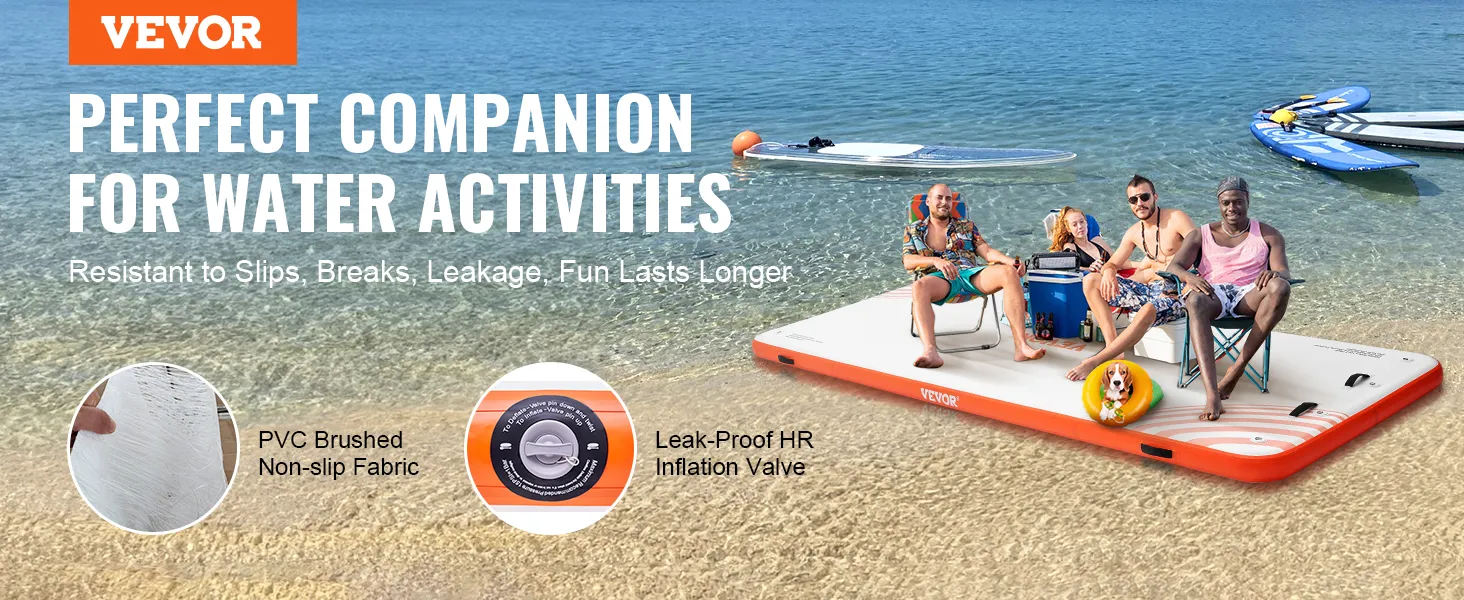 VEVOR inflatable floating dock, perfect for water activities, showing group relaxing with gear and dog.