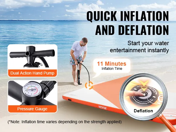 quickly inflate the VEVOR inflatable floating dock in 11 minutes using the dual action hand pump and pressure gauge.