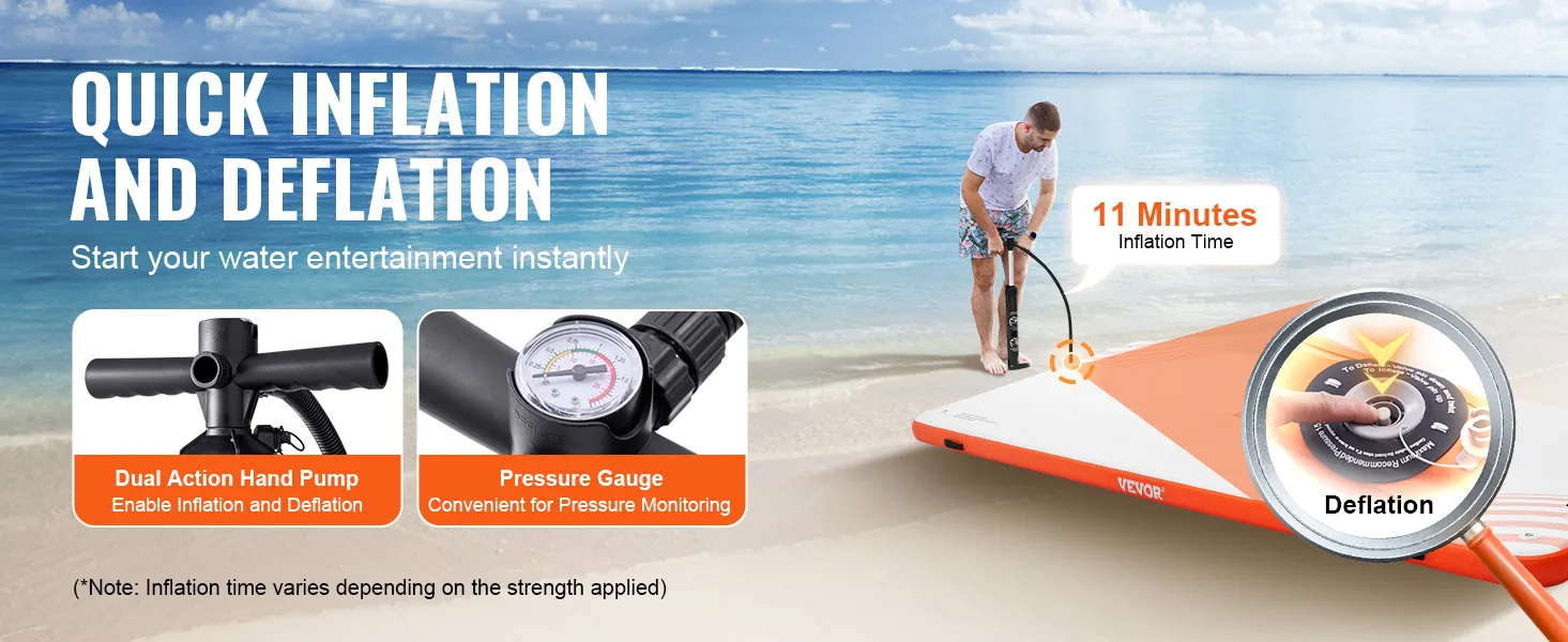 quickly inflate the VEVOR inflatable floating dock in 11 minutes using the dual action hand pump and pressure gauge.