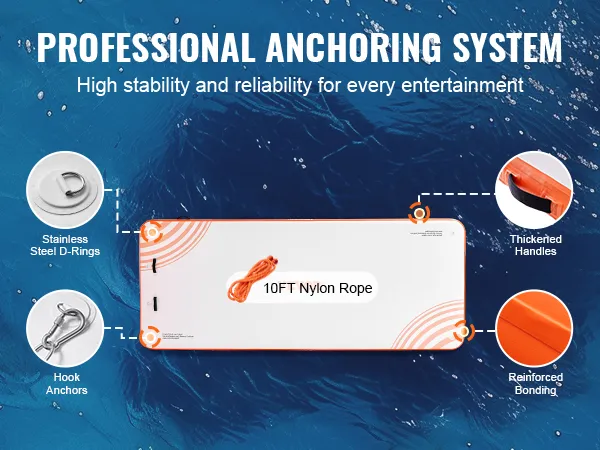 professional anchoring system for VEVOR inflatable floating dock with stainless steel d-rings and thickened handles.