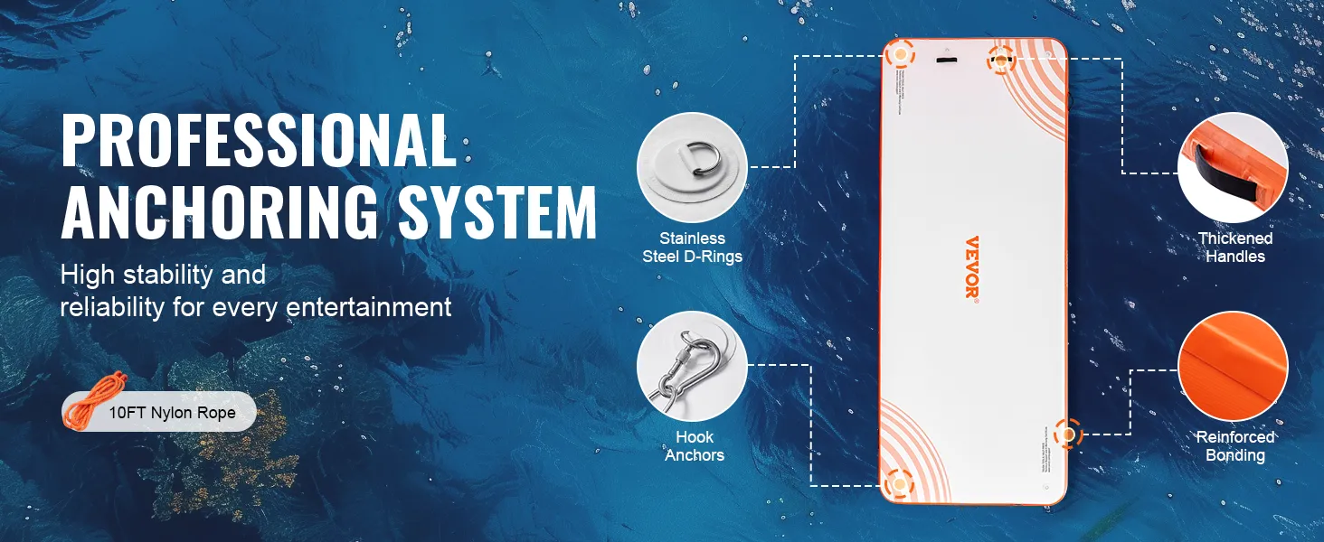 professional anchoring system for VEVOR inflatable floating dock with stainless steel d-rings and thickened handles.