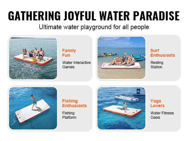 VEVOR inflatable floating dock for family fun, surf resting, fishing, and yoga on water.