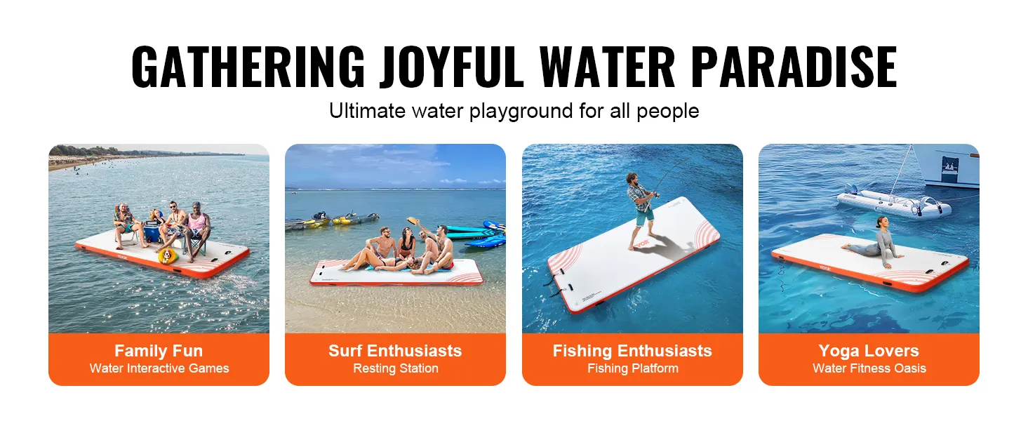 VEVOR inflatable floating dock for family fun, surf resting, fishing, and yoga on water.