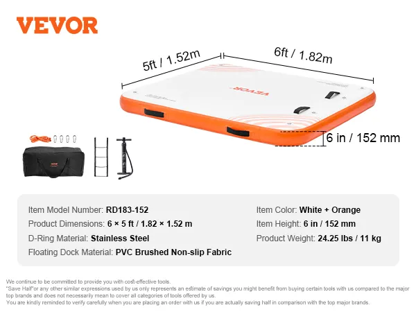VEVOR inflatable floating dock, white and orange, dimensions 6x5 ft, 24.25 lbs, pvc fabric, stainless steel d-ring.