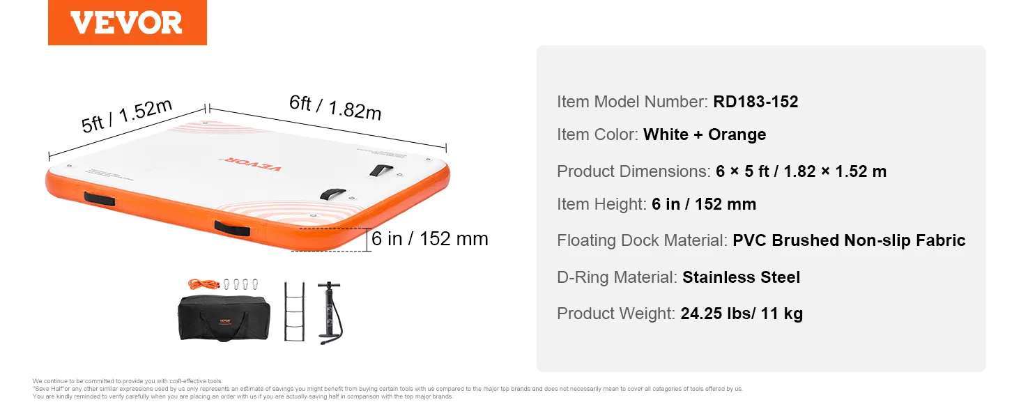 VEVOR inflatable floating dock, white and orange, dimensions 6x5 ft, 24.25 lbs, pvc fabric, stainless steel d-ring.