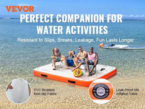 VEVOR inflatable floating dock for water activities, slip-resistant, durable, leak-proof inflation valve.