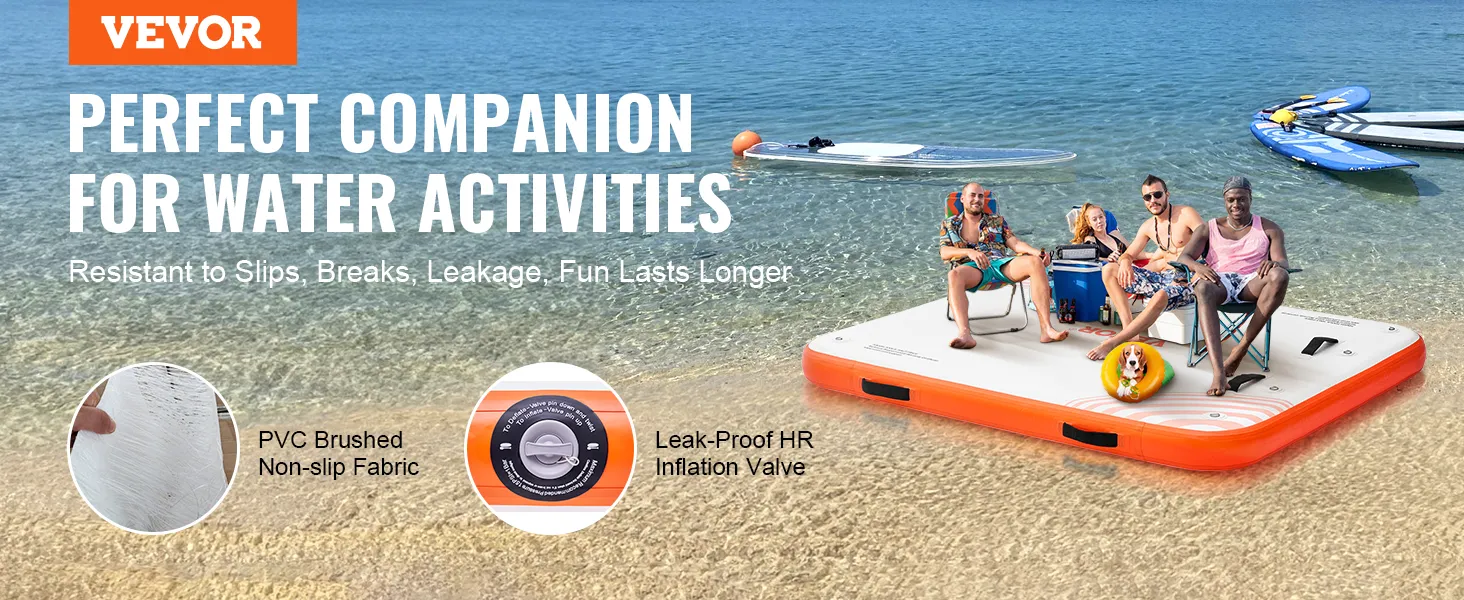 VEVOR inflatable floating dock for water activities, slip-resistant, durable, leak-proof inflation valve.