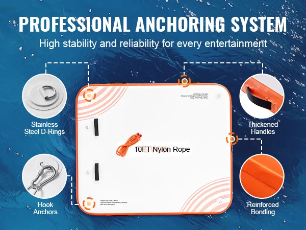 VEVOR inflatable floating dock with stainless steel d-rings, hook anchors, thickened handles, and reinforced bonding.