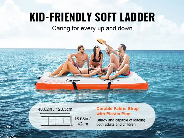 VEVOR inflatable floating dock with kid-friendly soft ladder, supporting both adults and children.