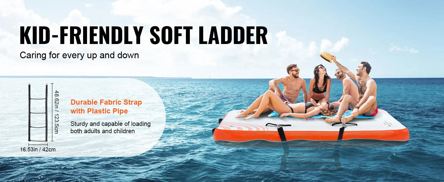 VEVOR inflatable floating dock with kid-friendly soft ladder, supporting both adults and children.