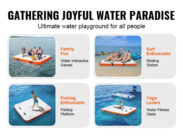 VEVOR inflatable floating dock for family fun, surfing, fishing, and yoga on the water.