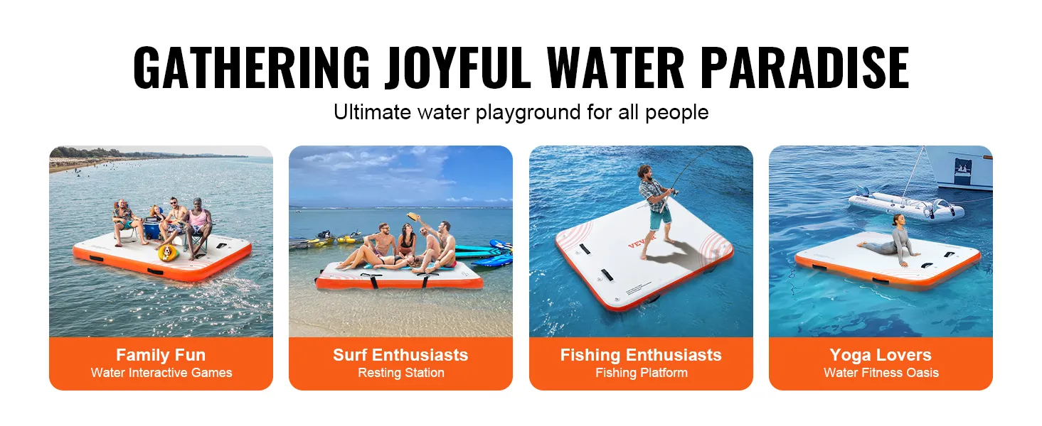 VEVOR inflatable floating dock for family fun, surfing, fishing, and yoga on the water.