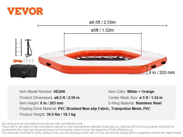 VEVOR inflatable floating dock, white and orange, 8.5ft diameter, stainless steel d-ring, 39.9 lbs.